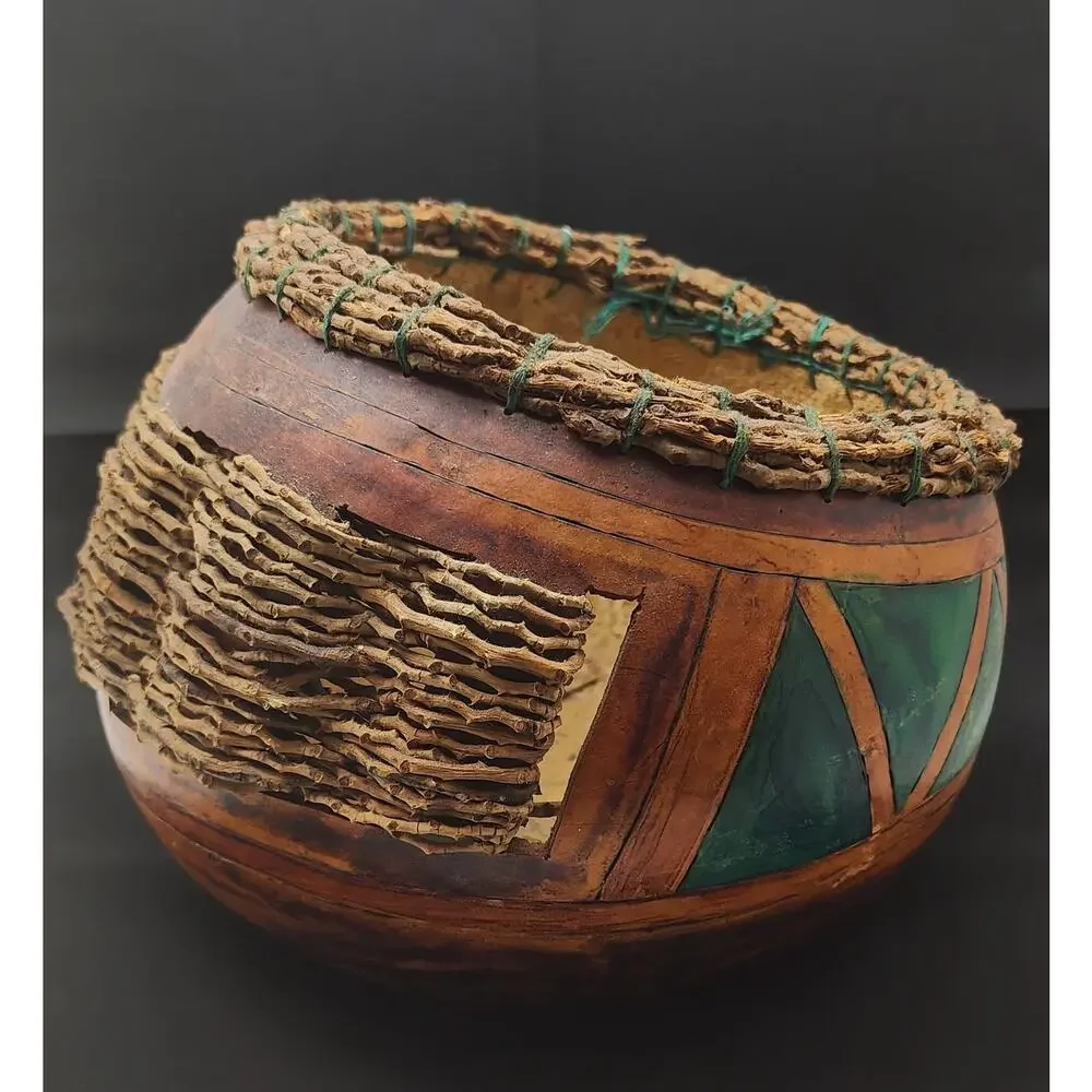 Natural Gourd Basket weaved twigs and hand painted